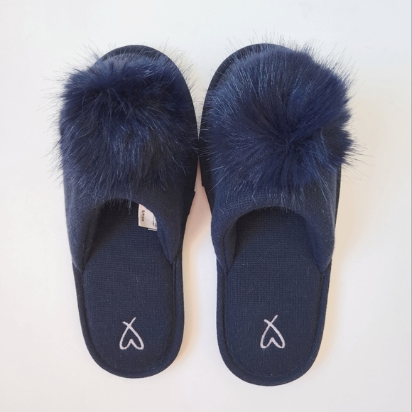 Victoria's Secret Slippers Scuffs SM 5/6 Navy Blue Puff Pom Pom Boudoir Bath - Picture 2 of 7
